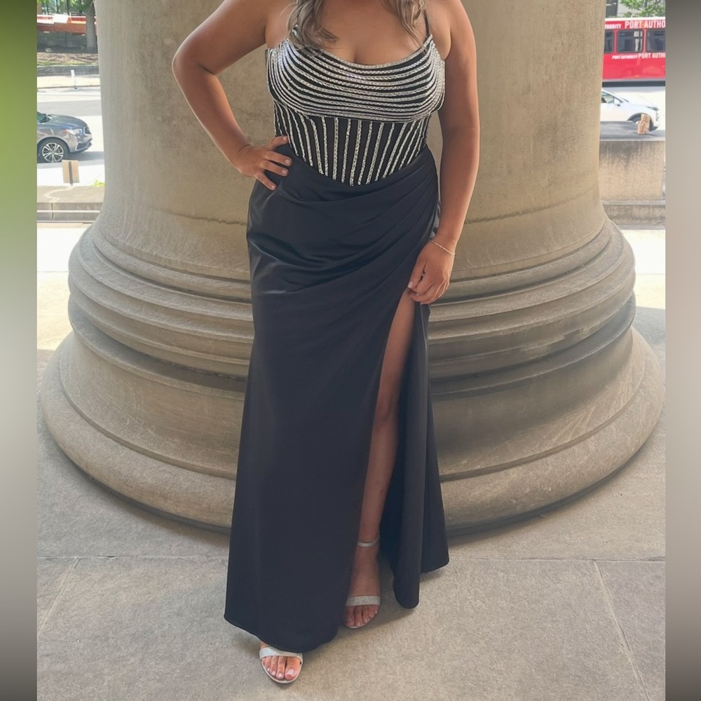 Chic Black and Silver Striped Satin Prom Dress